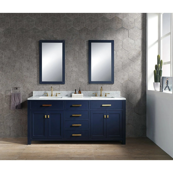Water Creation Madison 72" Double Sink Carrara White Marble Bathroom Vanity In Monarch Blue