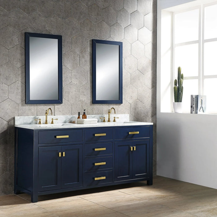 Water Creation Madison 72" Double Sink Carrara White Marble Bathroom Vanity In Monarch Blue